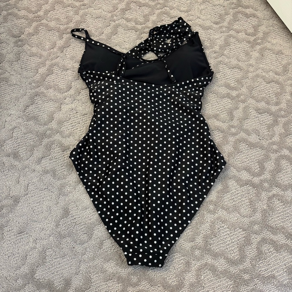 Aerie Black & White Polka Dot Wrap One Piece Swimsuit V Neck Conservative S Cute - Picture 7 of 7